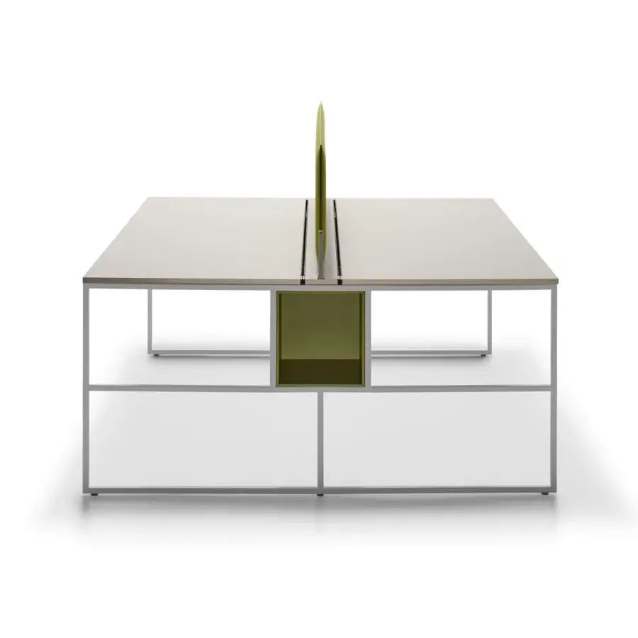 Innovative MDF Italia 20.Venti workstation crafted with graphite grey steel and light grey Fenix NTM laminate, including a green divider and storage