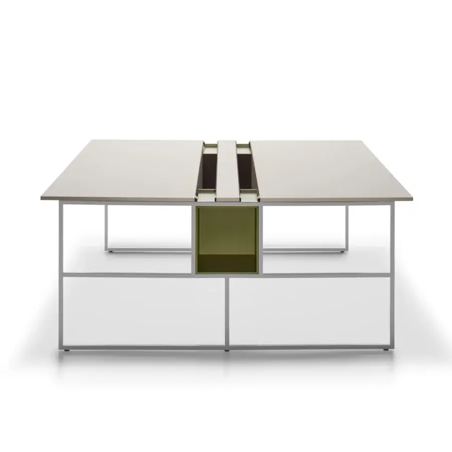 Superior MDF Italia 20.Venti workstation with light beige Fenix NTM laminate and graphite grey epoxy powder-coated steel frame built with cable management