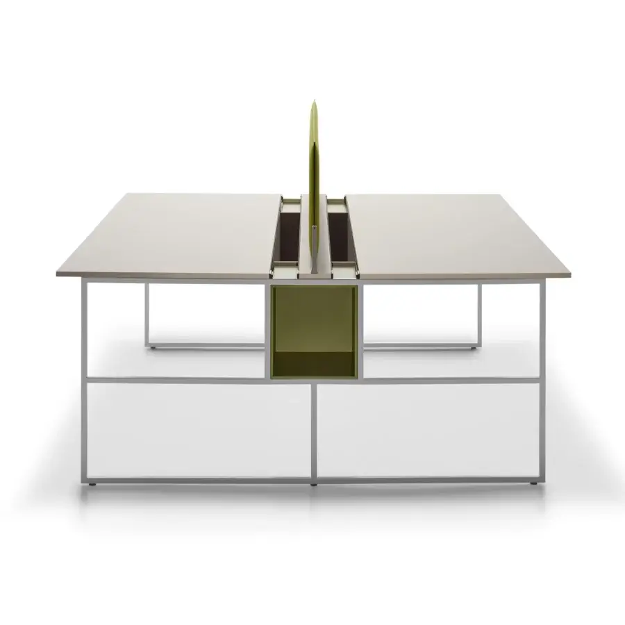 Distinguished MDF Italia 20.Venti workstation with a matte white Fenix NTM laminate tabletop and light gray powder-coated steel frame with olive-green accents