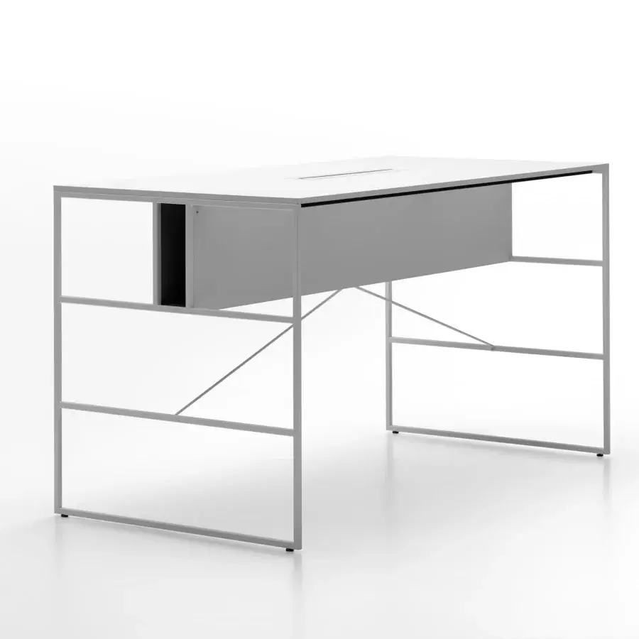 Elegant MDF Italia 20.Venti high desk with light gray Fenix NTM laminate and matte graphite grey steel frame
