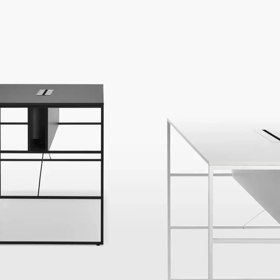 Superior MDF Italia 20.Venti high desk with matte black steel frame and Fenix NTM laminate top in epoxy powder finish