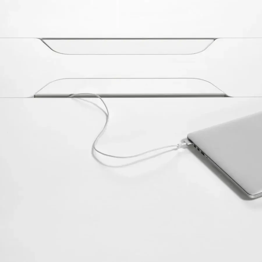 Superior MDF Italia 20.Venti desk crafted with refined melamine in matte white with a steel frame and handleless drawer detail
