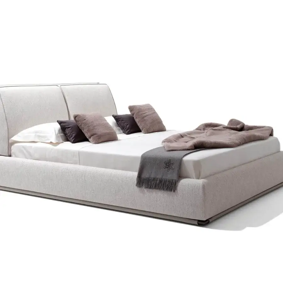 Distinguished Giorgetti Adam bed with luxuriously upholstered cushions and removable fabric leather covers revealing metal profiles