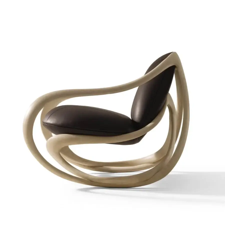Exceptional Giorgetti Move lounge chair with light-toned solid ash wood frame and dark brown leather upholstery with smooth finish