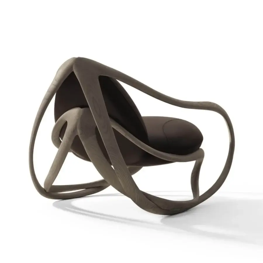 Lavish Giorgetti Move lounge chair with a sculpted wooden support and dark brown leather upholstery in a medium gray-brown finish