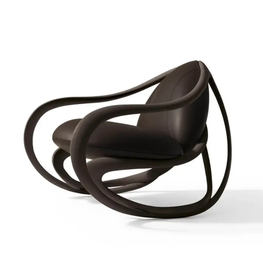 Distinguished Giorgetti Move lounge chair crafted with dark brown leather and a wooden structure in a dark brown finish