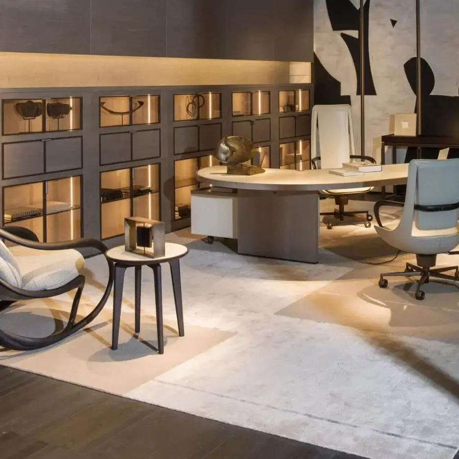 Distinguished Giorgetti Move lounge chair with a dark-toned solid ash wood frame and light-colored refined textile upholstery