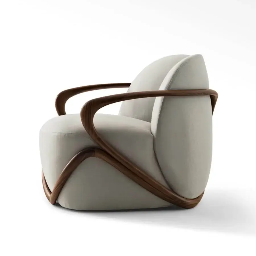 Exclusive Giorgetti Hug lounge chair with light beige upholstery and a visible canaletto walnut frame expertly crafted in Italy