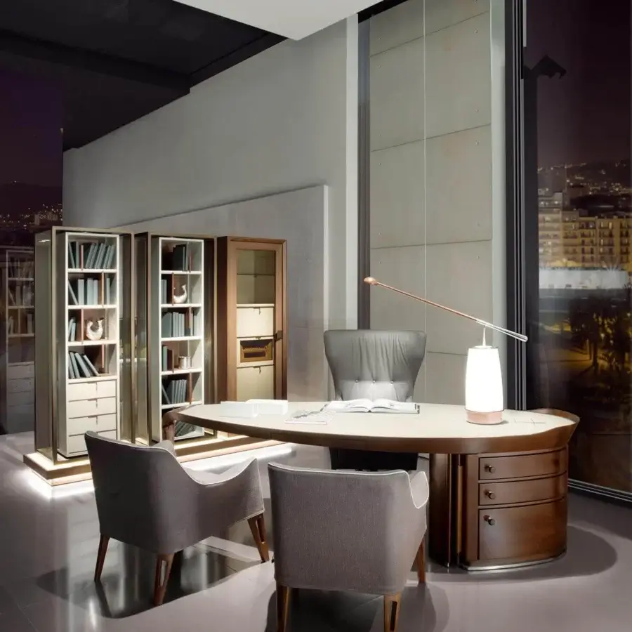 Refined Giorgetti Erasmo desk with fluid contemporary lines built in canaletto walnut and a light work surface