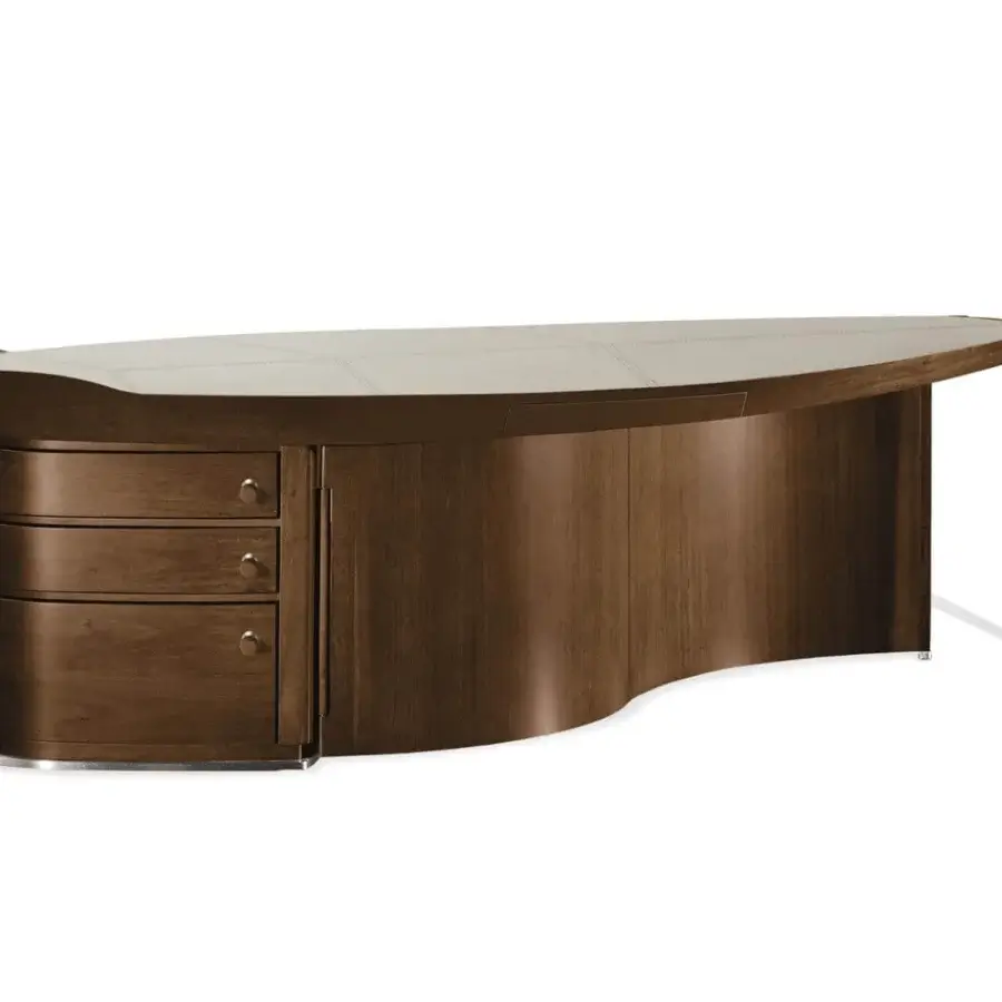 Innovative Giorgetti Erasmo desk with fluid lines built in canaletto walnut and a glossy dark stain with ebony macassar leaf-shaped top