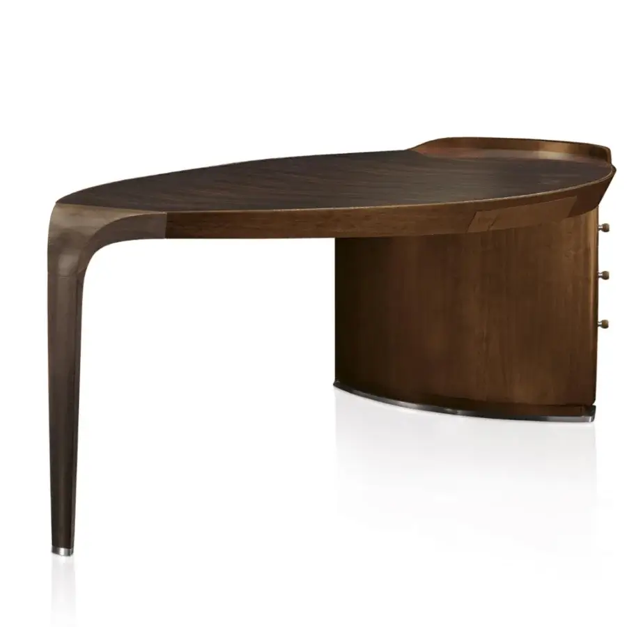 Distinguished Giorgetti Erasmo desk with fluid lines built in canaletto walnut and ebony macassar leaf-shaped top for contemporary workspaces
