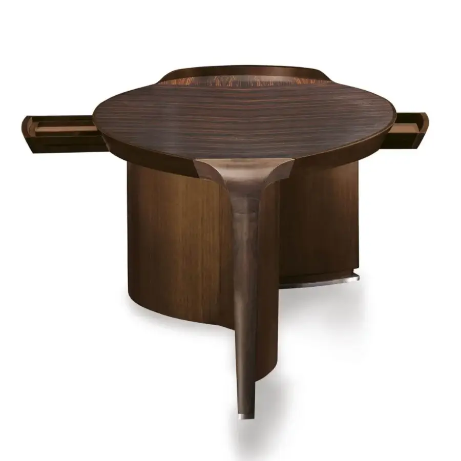 Exceptional Giorgetti Erasmo desk with fluid lines built in glossy canaletto walnut and ebony macassar leaf top