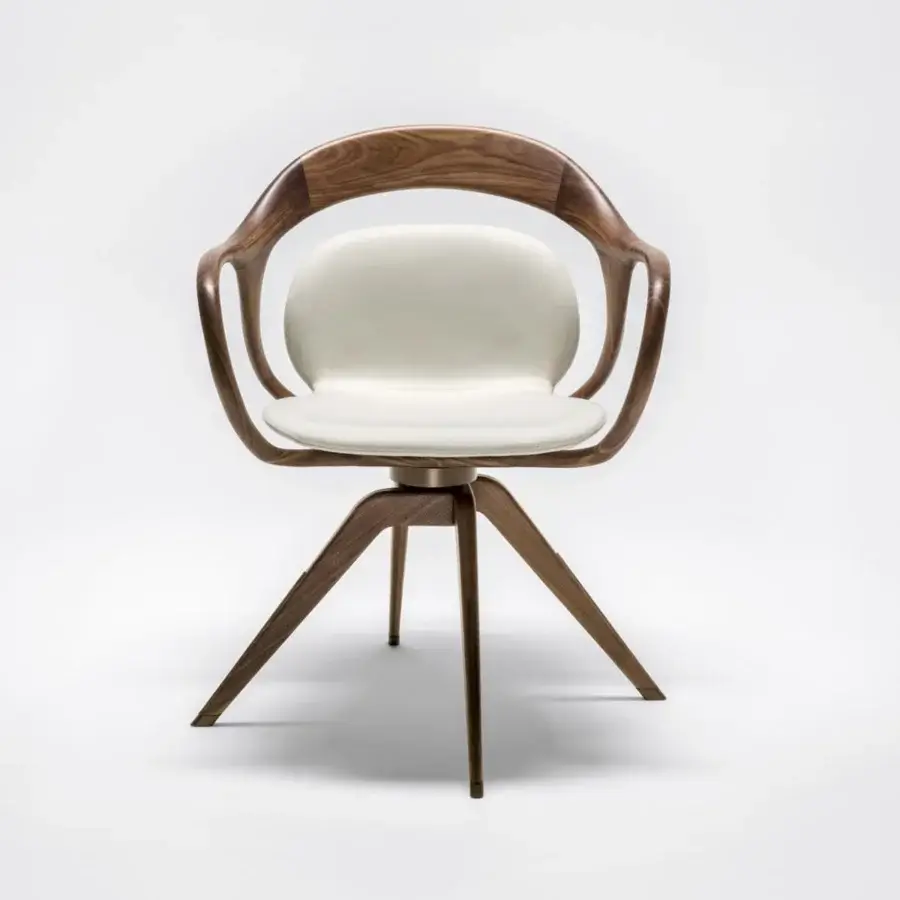 Distinguished Giorgetti Norah armchair with a swivel structure crafted in canaletto walnut and light cream padded seat
