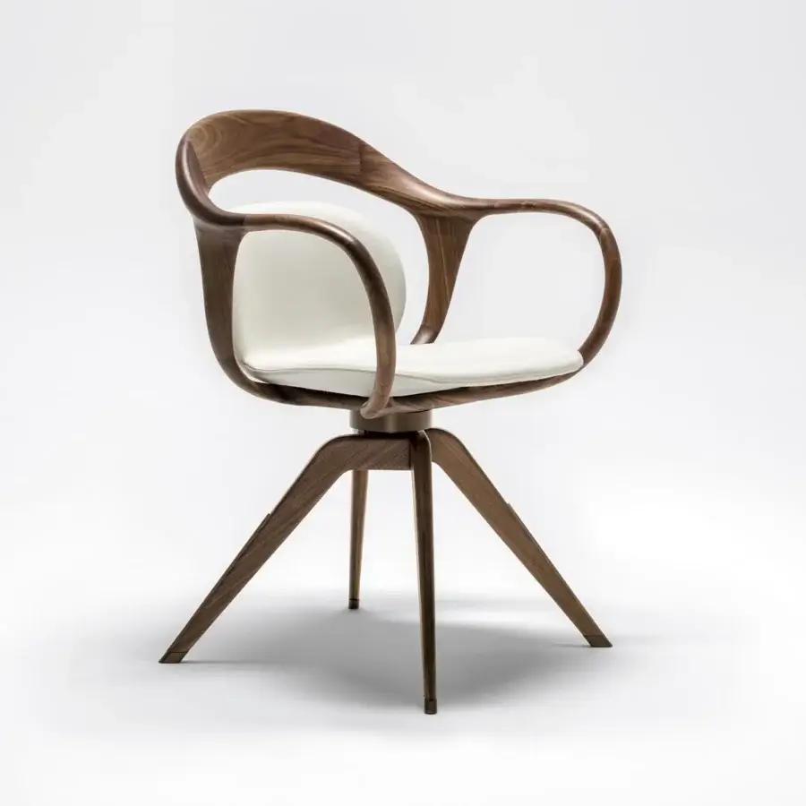 Lavish Giorgetti Norah armchair crafted with curved canaletto walnut and off-white refined fabric upholstery