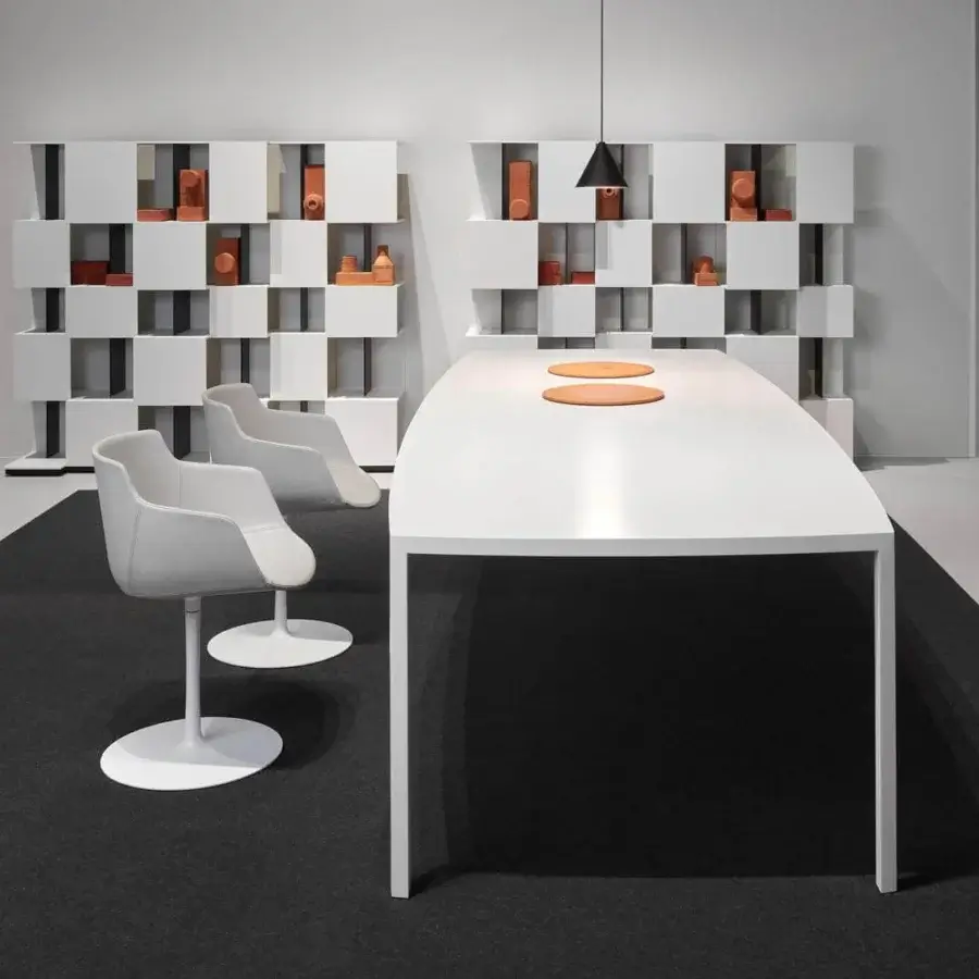 Elegant MDF Italia Flow chair with white Nuvola leather upholstery and sleek white powder-coated aluminum swivel base