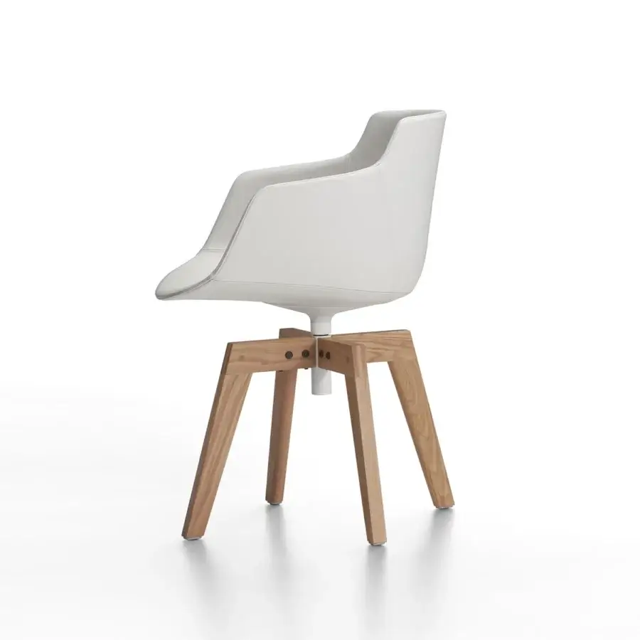 Lavish MDF Italia Flow chair with smooth white Nuvola leather upholstery and transparent-lacquered natural oak base