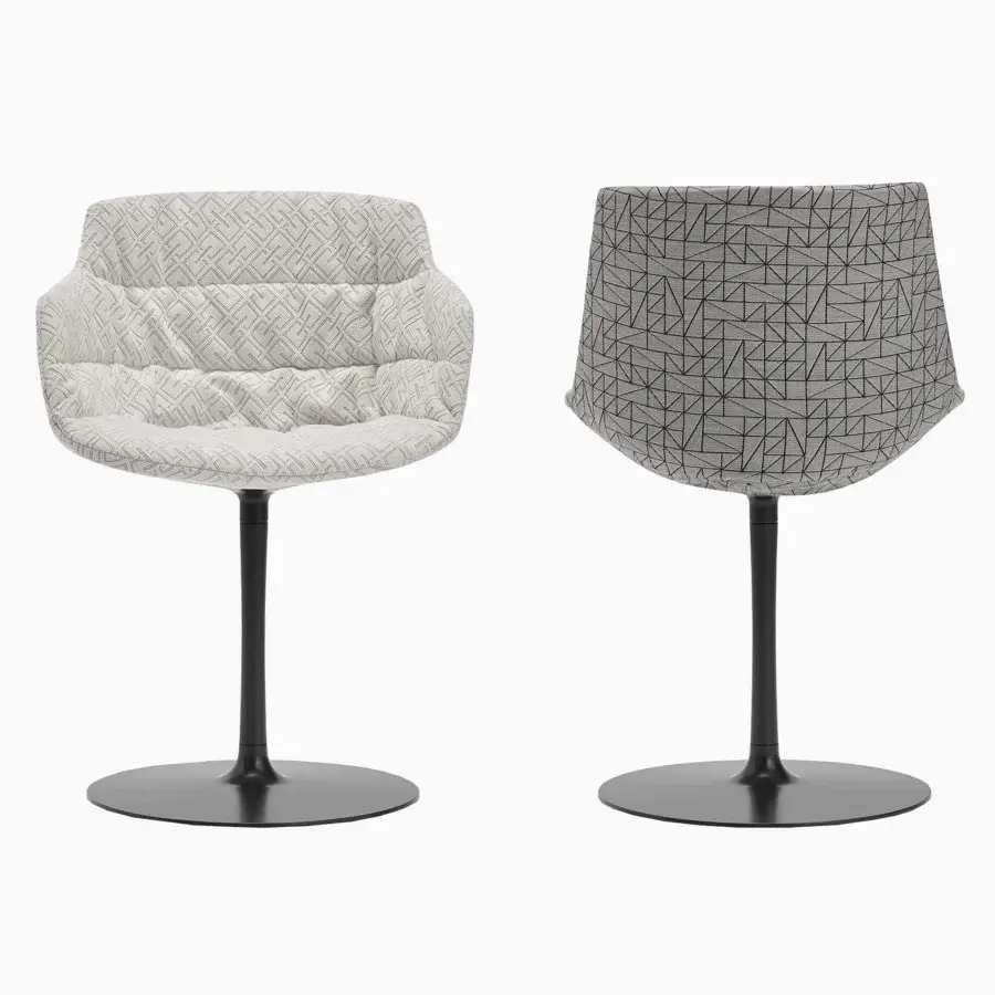 Exceptional MDF Italia Flow chair with quilted light textile upholstery and sleek matte black central leg base