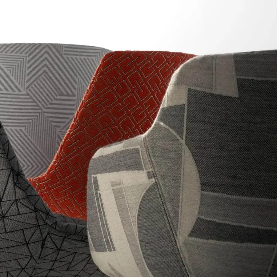 Lavish MDF Italia Flow chair with patchwork gray textile upholstery and aluminum epoxy powder central leg