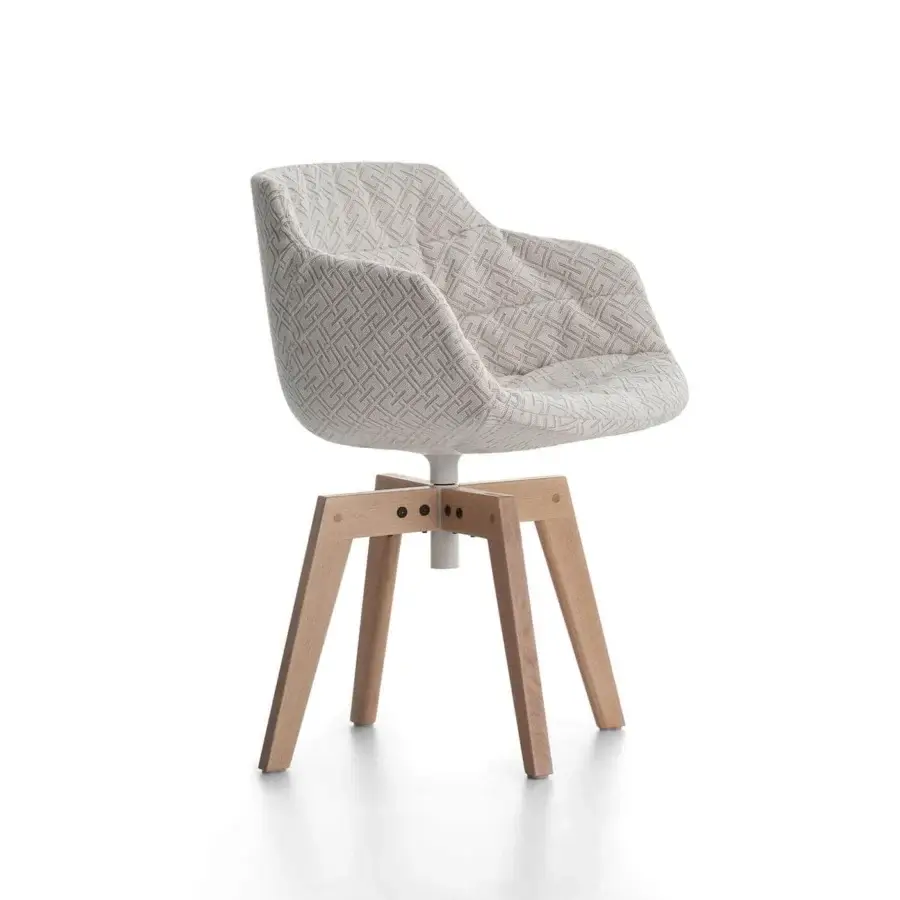 Exclusive MDF Italia Flow Textile chair with quilted light beige upholstery and transparent-lacquered natural oak wood base