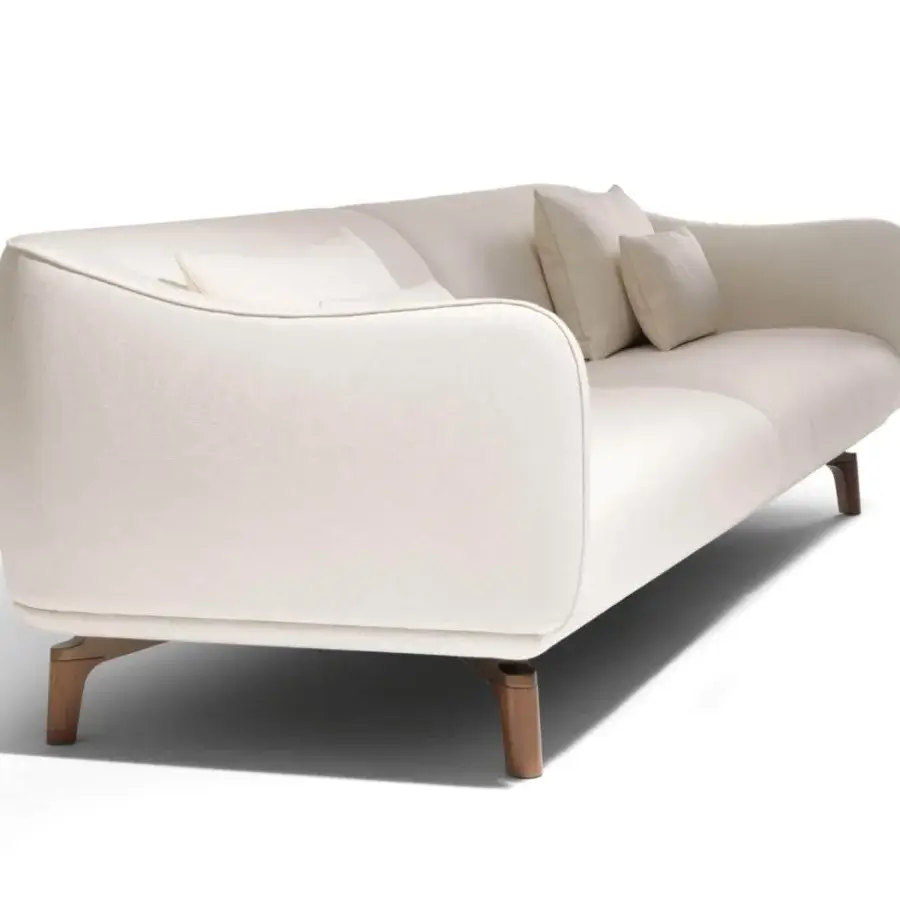 Exceptional Giorgetti Drive sofa with light beige textile upholstery, leather piping and solid canaletto walnut feet