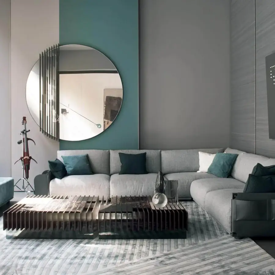 Exclusive Giorgetti Adam bench upholstered in smooth teal textile with painted metal and matt polyurethane beech feet