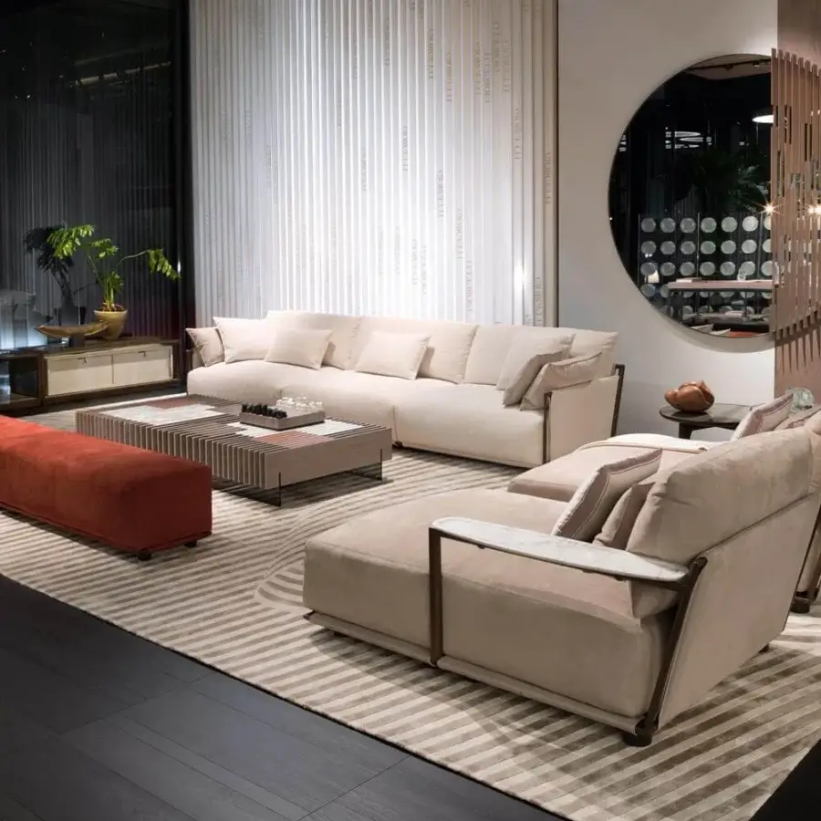 Superior Giorgetti Adam bench with reddish-orange fabric upholstery and painted metal with matte polyurethane finished beech feet