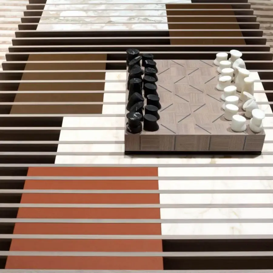 Superior Giorgetti Fit coffee table with a walnut strip top, inlaid marble, leather and metal details