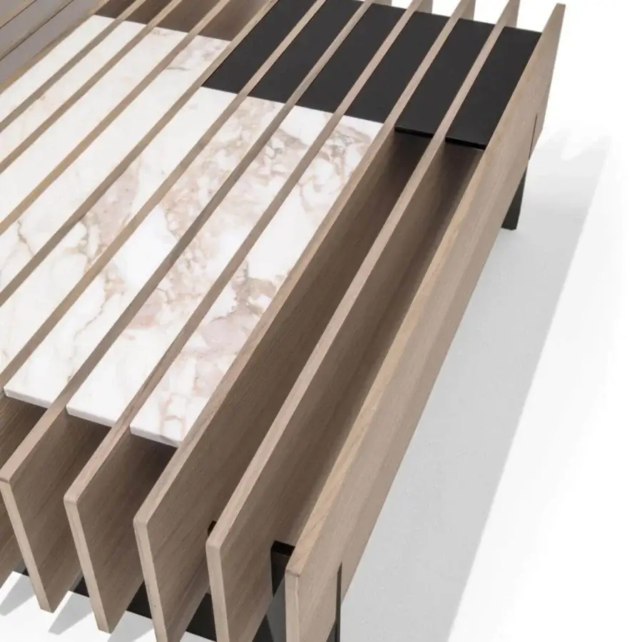 Distinguished Giorgetti Fit coffee table with geometric walnut strips, white marble sections and sleek black inlays in a light brown finish