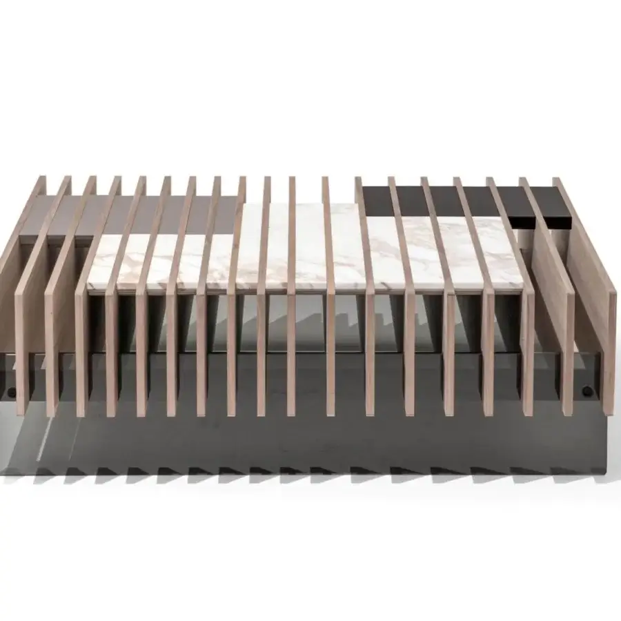 Exceptional Giorgetti Fit coffee table with walnut strips, inlaid marble, leather, and dark gray base offering innovative style