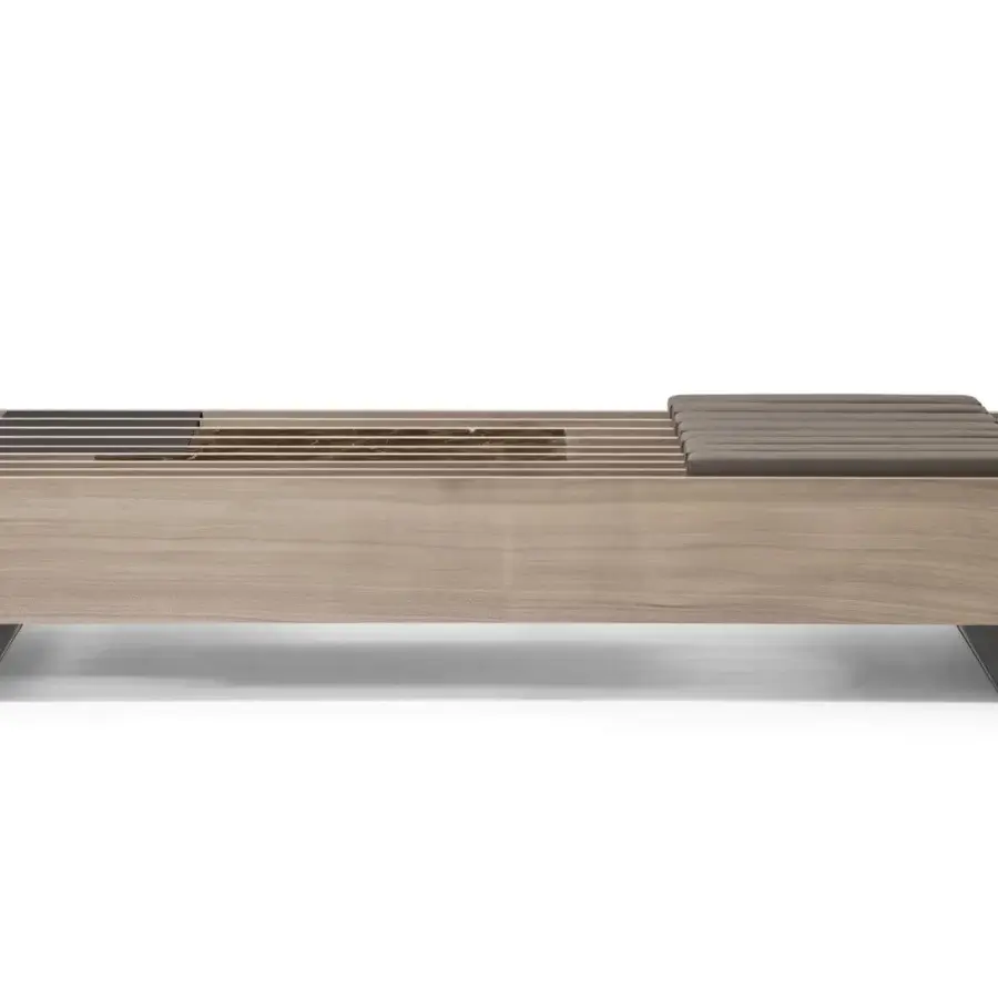 Superior Giorgetti Fit coffee table with walnut strips, geometric elements, dark metal legs, and integrated neutral leather seat