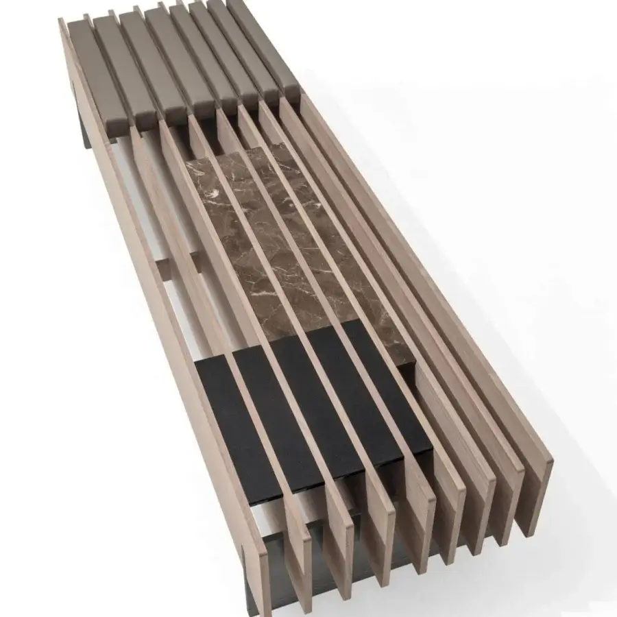 Innovative Giorgetti Fit coffee table with walnut structure, marble-like inlay, dark material, and integrated gray textile cushions