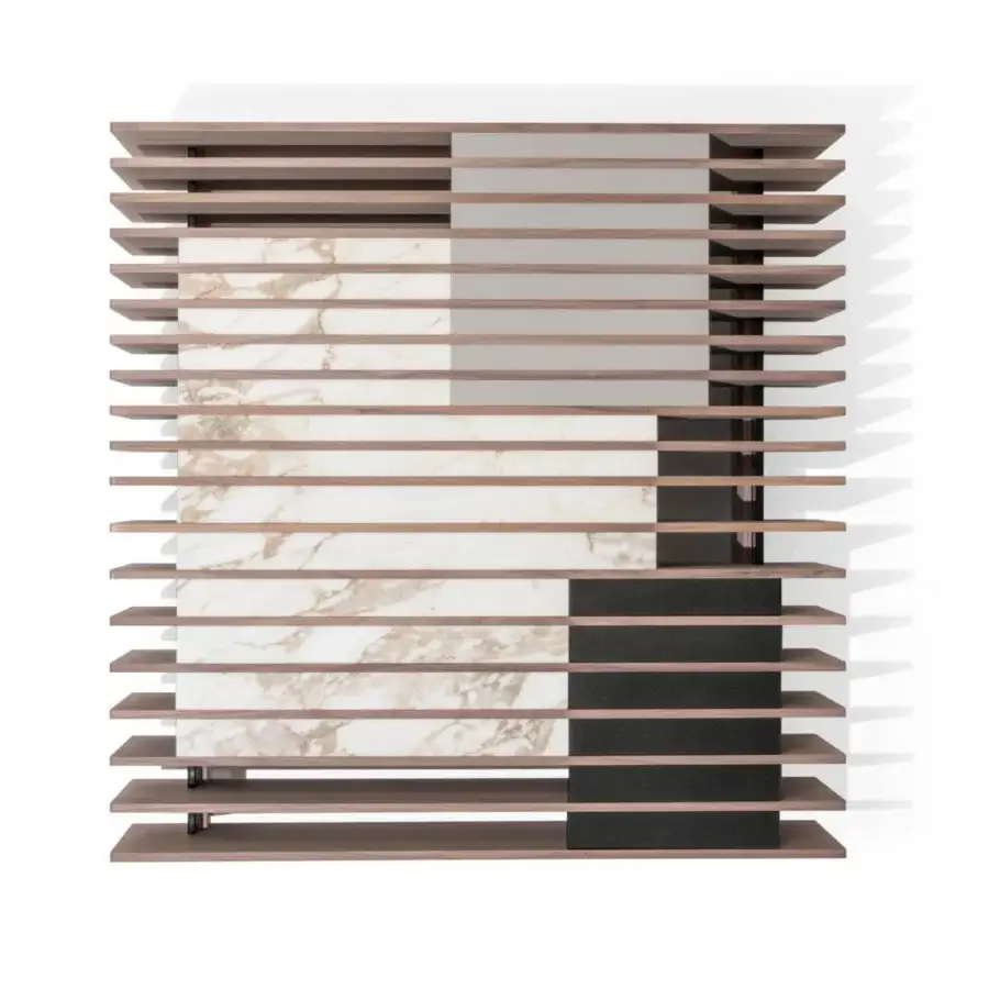 Distinguished Giorgetti Fit coffee table with walnut strips, inlaid marble and leather, showcasing geometric elements