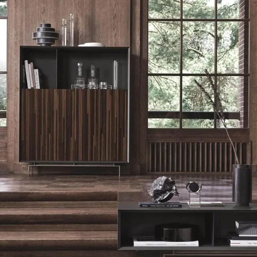 Superior Ditre Italia Eric cupboard with medium-toned wood and dark matte finish, built with thin metal legs