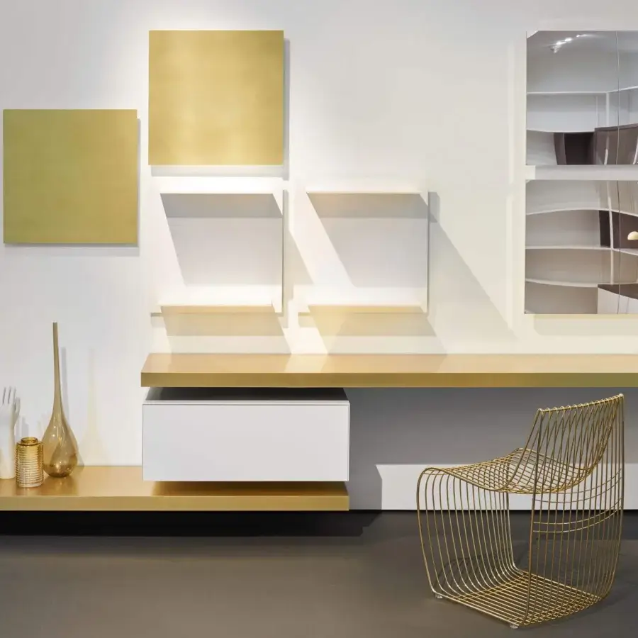 Elegant MDF Italia Link shelf with MD wood fiberboards, a luxurious brass sheet, and matte white drawer