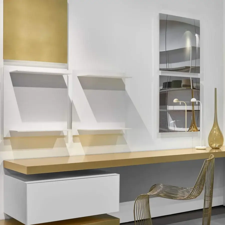Superior MDF Italia Link shelf with brass and aluminum grey powder-coated steel, embodying Italian design with clean lines