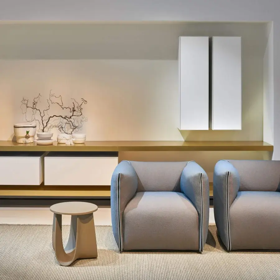 Distinguished MDF Italia Link shelf with open spaces crafted in natural oak wood and a matte golden finish