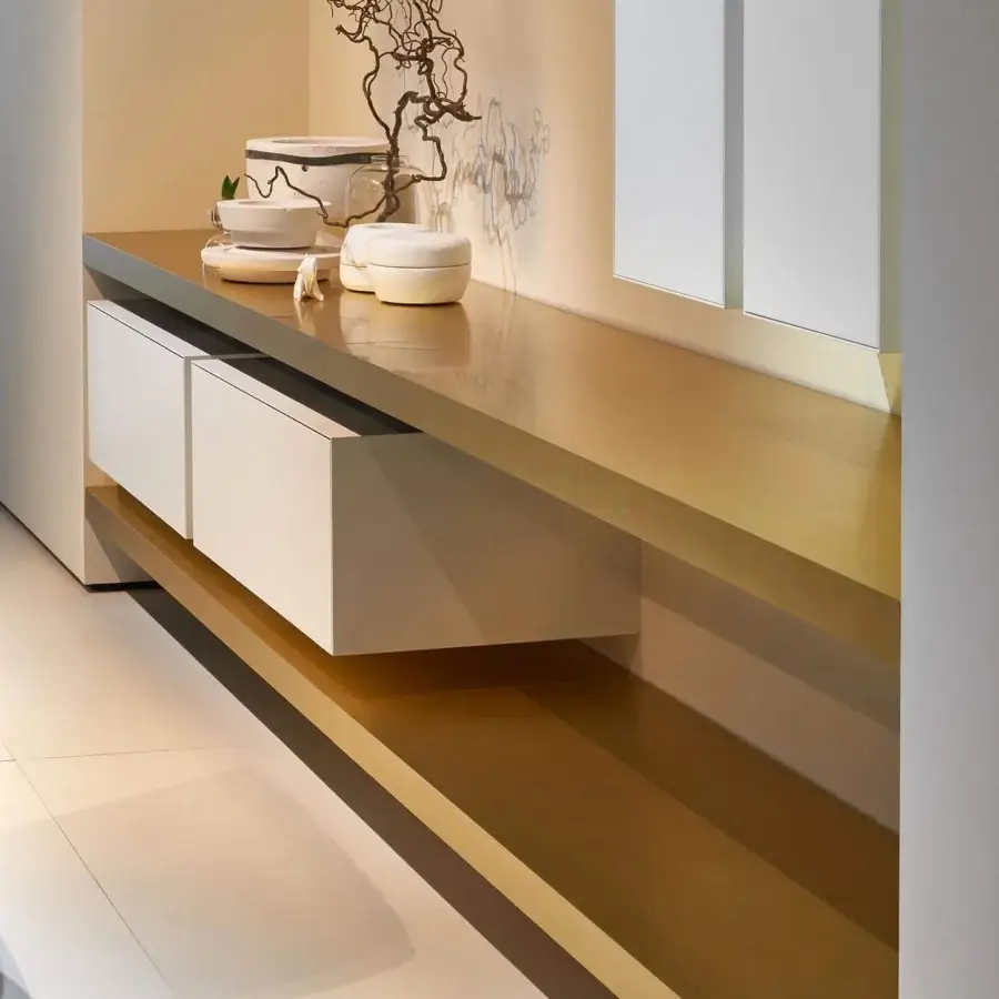 Elegant MDF Italia Link shelf with geometric silhouette built in natural oak and matte white drawers with glossy finish