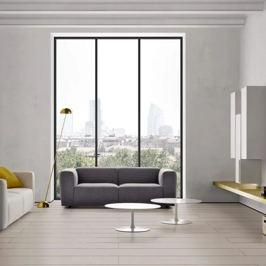 Superior MDF Italia Link shelf with horizontal form built in brass sheet and aluminum grey powder-coated steel
