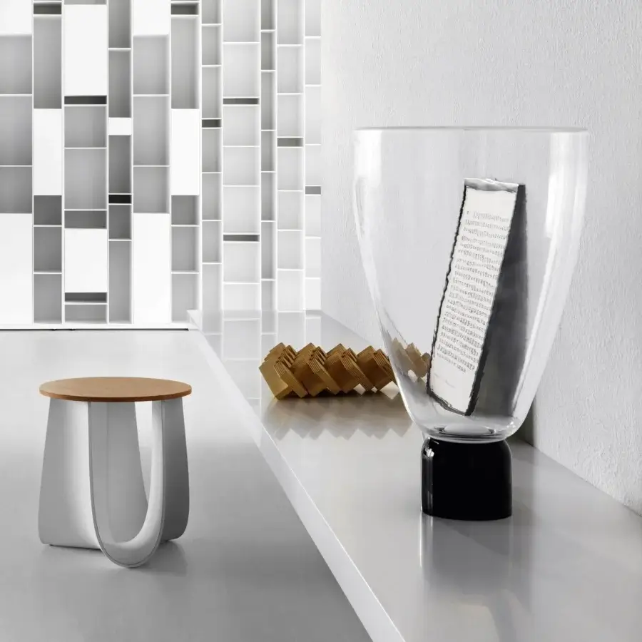 Refined MDF Italia Link shelf with geometric form built in wood fiberboards and matt white acrylic resin finish