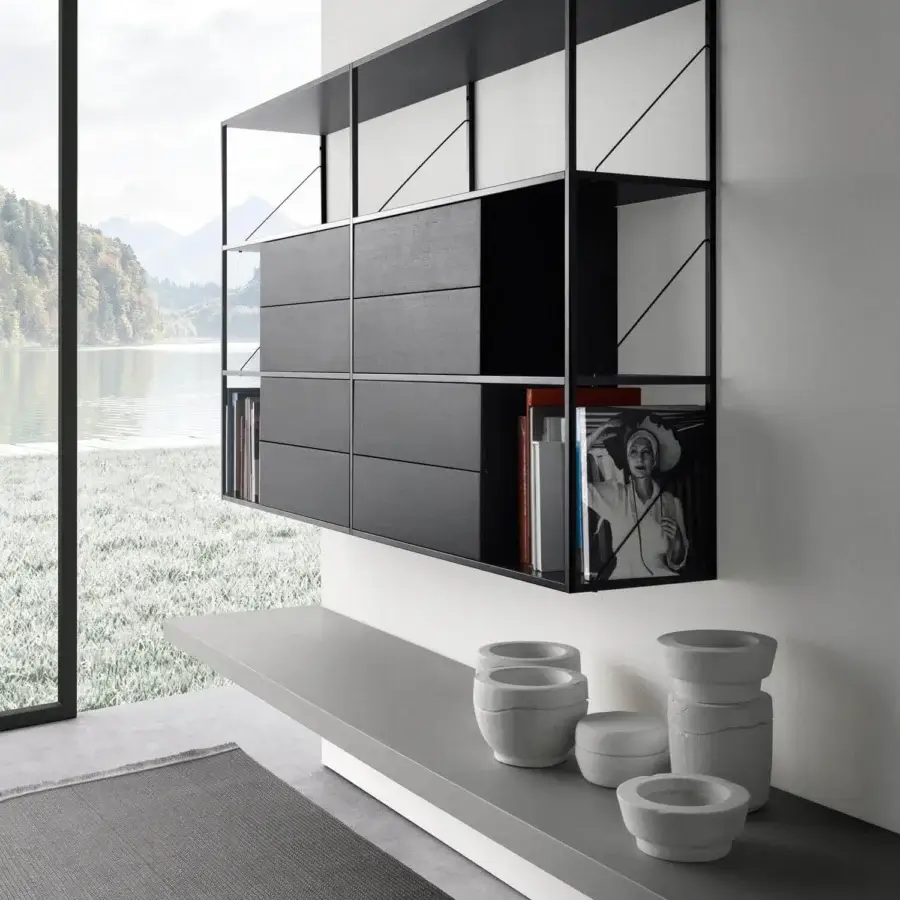 Distinguished MDF Italia Link shelf with geometric form crafted in carbone wood and aluminum grey powder-coated steel