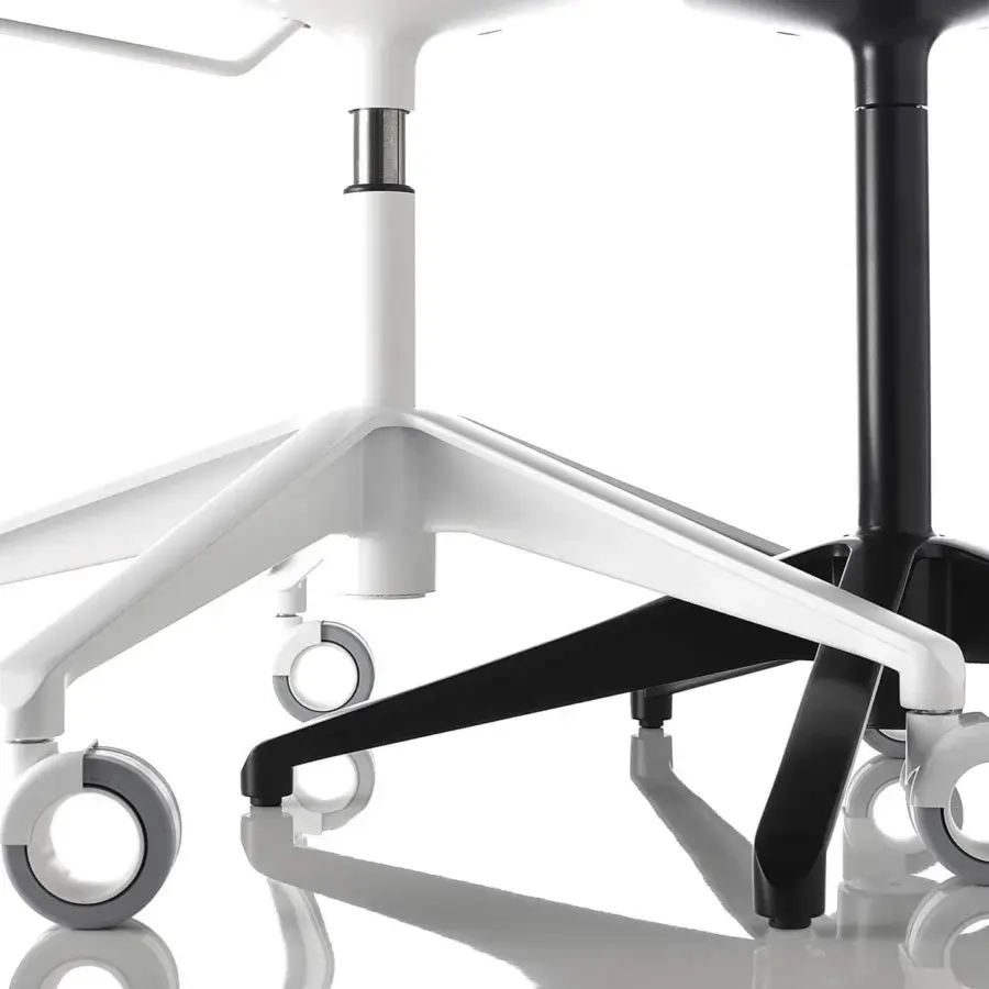 Exclusive MDF Italia Flow chair with injection-moulded polycarbonate shell and die-cast aluminum base in matte white with gloss finish