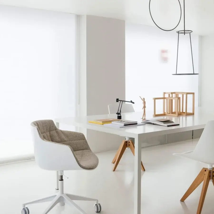 Exceptional MDF Italia Flow armchair with matte white polycarbonate shell and patterned fabric countershell in brown and beige tones