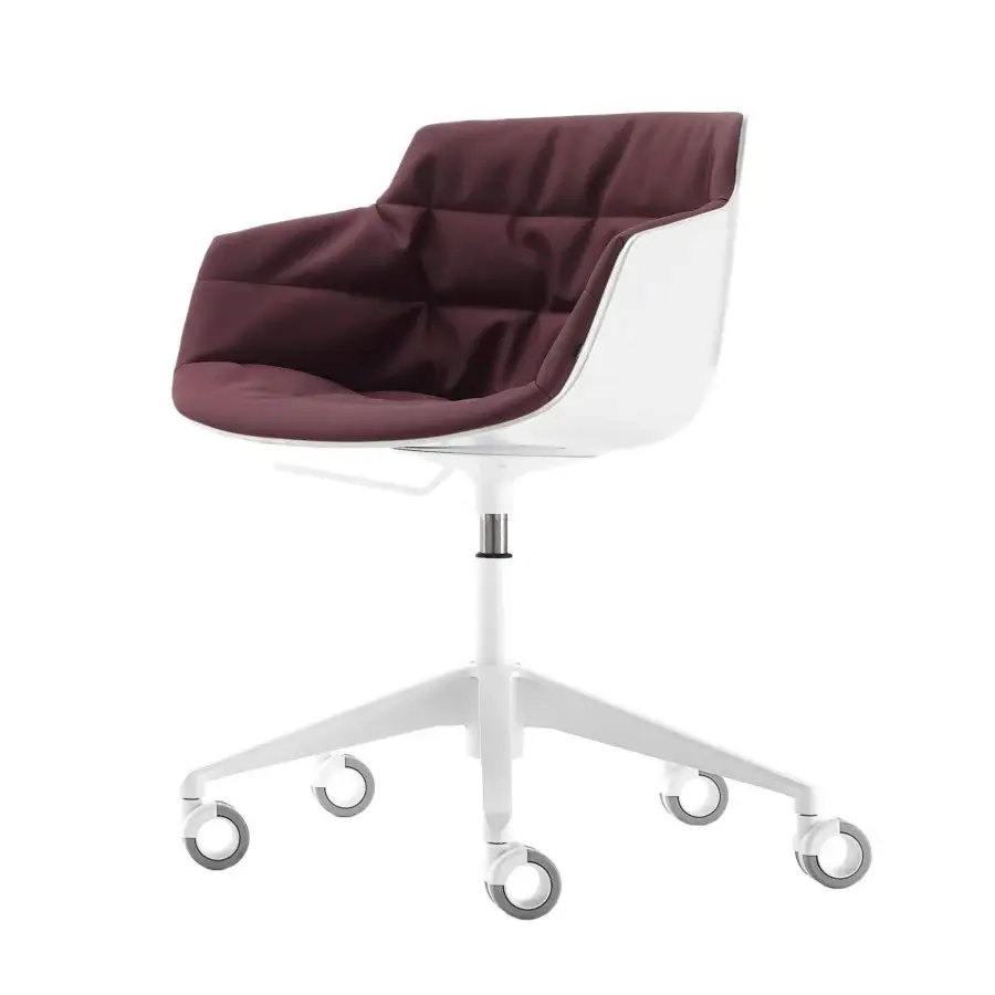 Superior MDF Italia Flow armchair with gloss white polycarbonate shell and burgundy quilted textile upholstery built with a matte white base