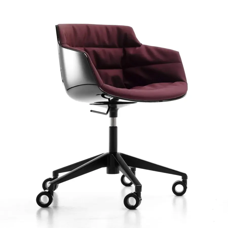Elegant MDF Italia Flow armchair with quilted burgundy fabric, silver polycarbonate shell and matt black die-cast aluminum base