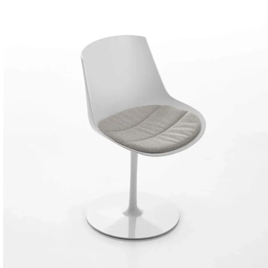 Superior MDF Italia Flow chair with a light gray quilted textile shell and epoxy powder painted pedestal base