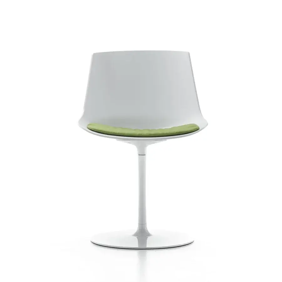 Distinguished MDF Italia Flow chair with a smooth white shell and vibrant green quilted polyurethane cushion built with an aluminum pedestal base