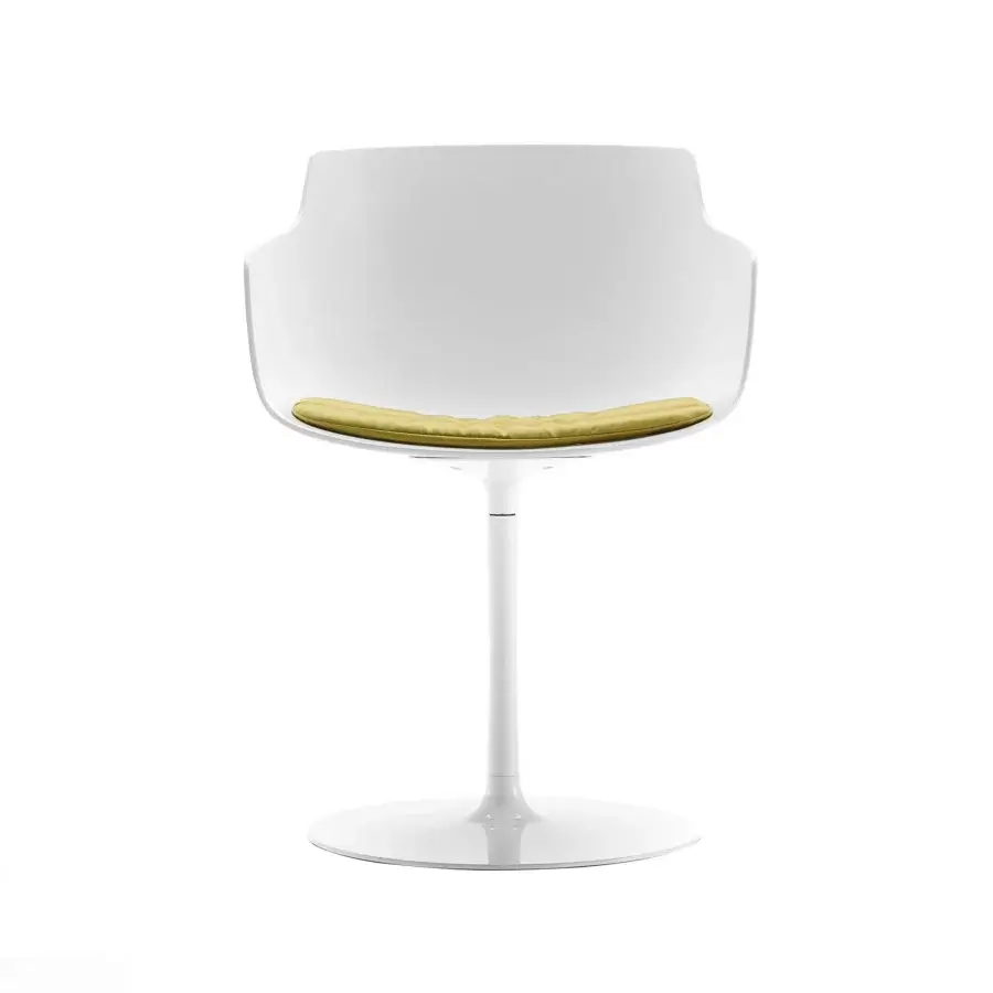 Distinctive MDF Italia Flow armchair with rounded organic form, matte white finish and light yellow textile seat cushion