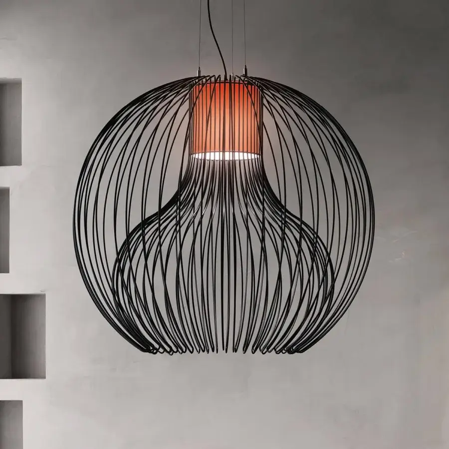 Exceptional Modo Luce Icaro Ball suspension lamp with a spherical cage built in painted steel wire and vibrant orange textile shade