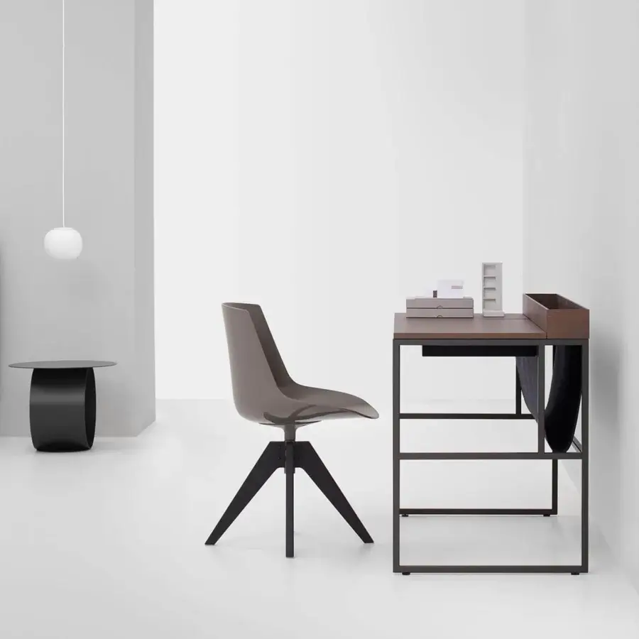 Elegant MDF Italia Flow chair with a muted grayish-brown curved seat and dark wood splayed base crafted in Italy