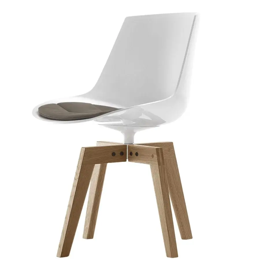 Distinguished MDF Italia Flow chair with glossy white shell, brown seat cushion and light-toned wooden four-legged base